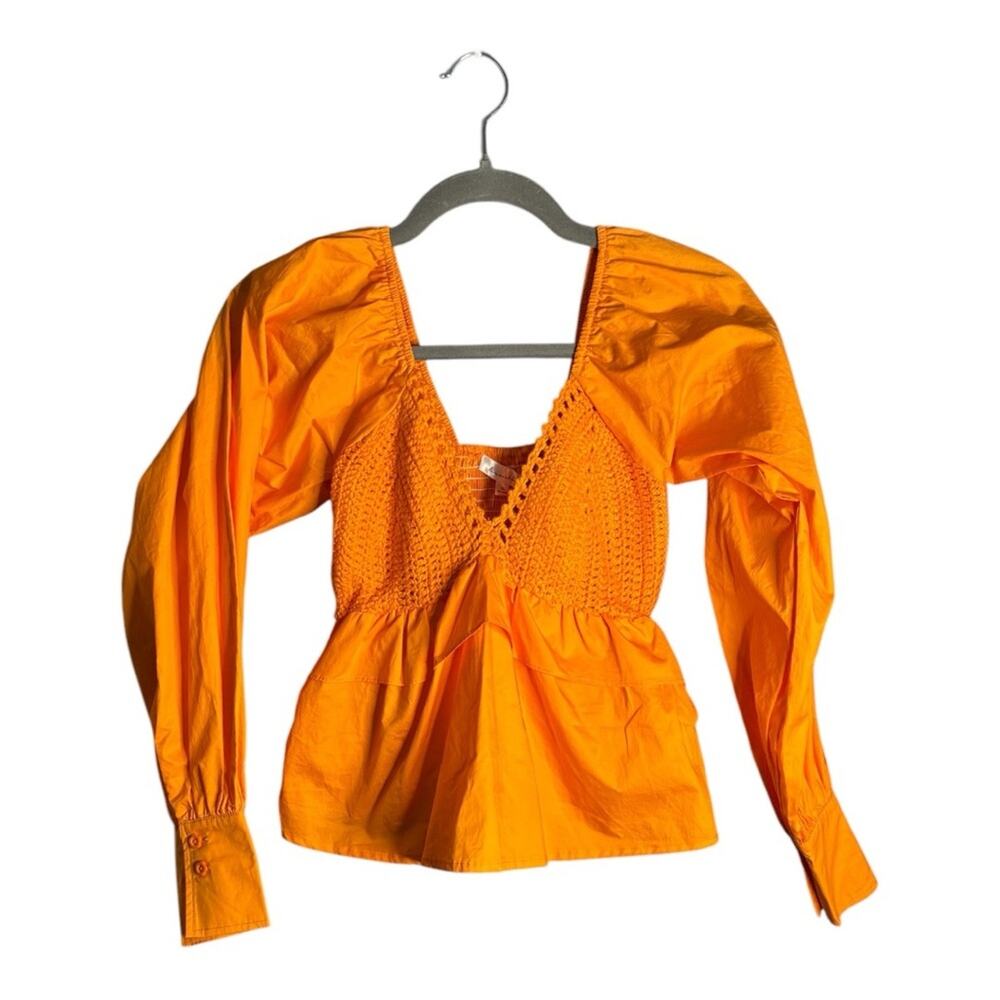 Line & Dot Orange Long Sleeve Top With Crochet and Ruffle Detail XS
